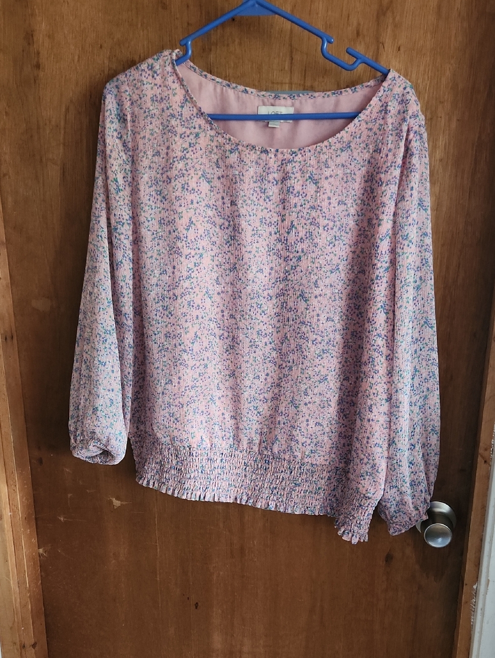 LOFT Pink Floral Long-Sleeve Blouse with Smocked Hem